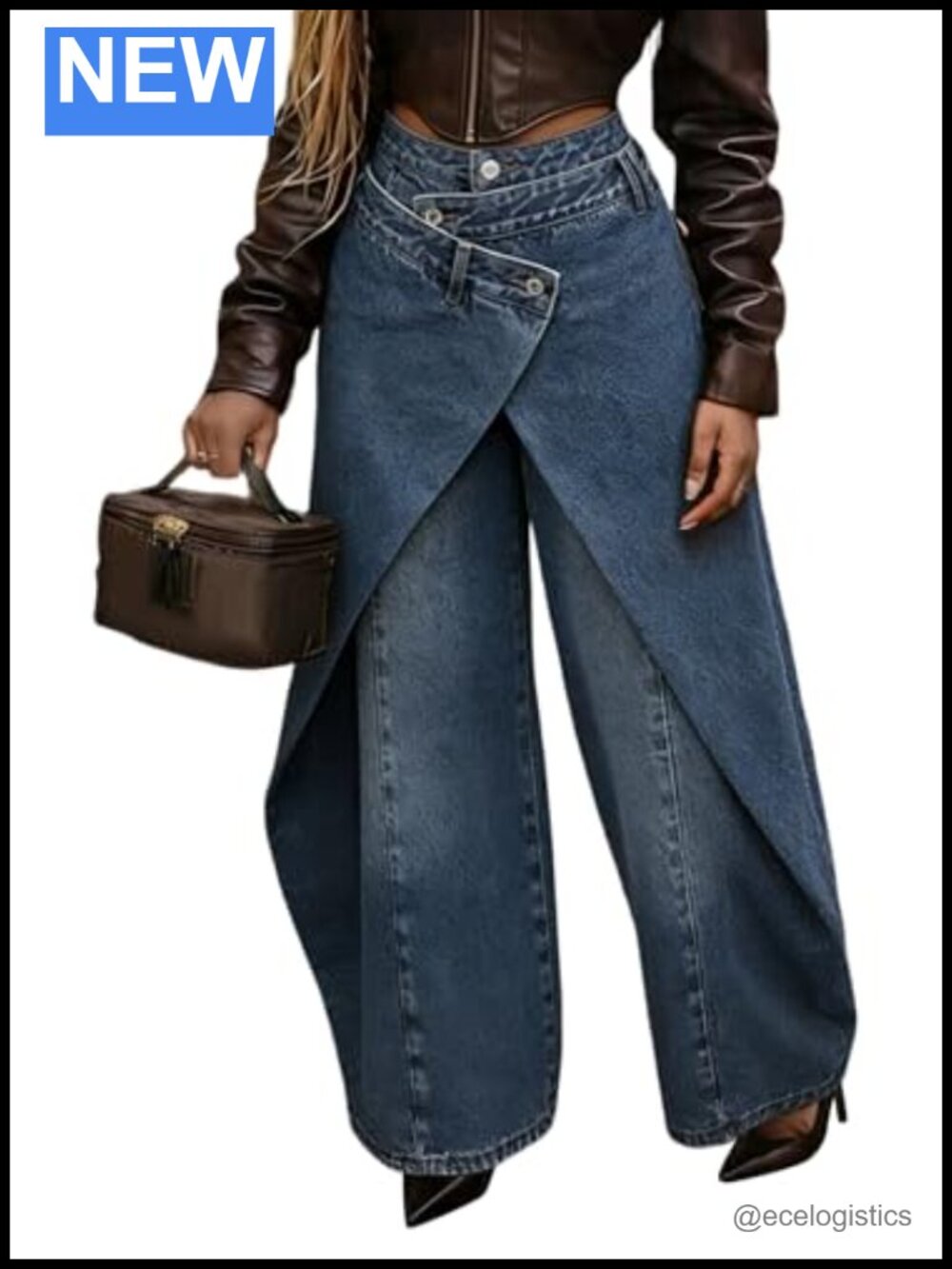Women's 2-in-1 Wrap Wide Leg Jeans High Waisted Skirt Over Pants Baggy Denim